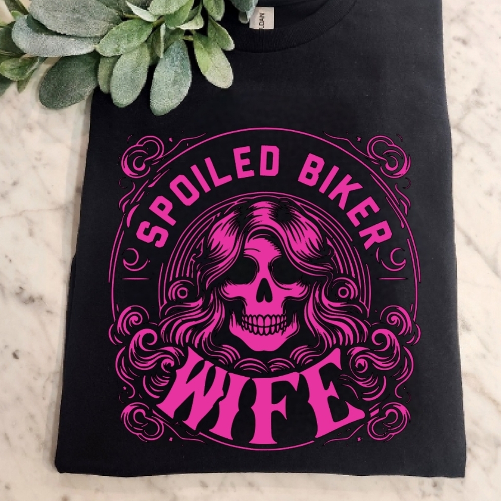 Biker wife shirt cute skull motorcycle rider riding wifey black and pink